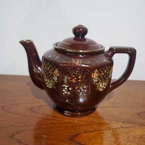 Brown Betty Redware Tea Pot‎ Hand Painted Moriage Style Lattice Flowers Vintage